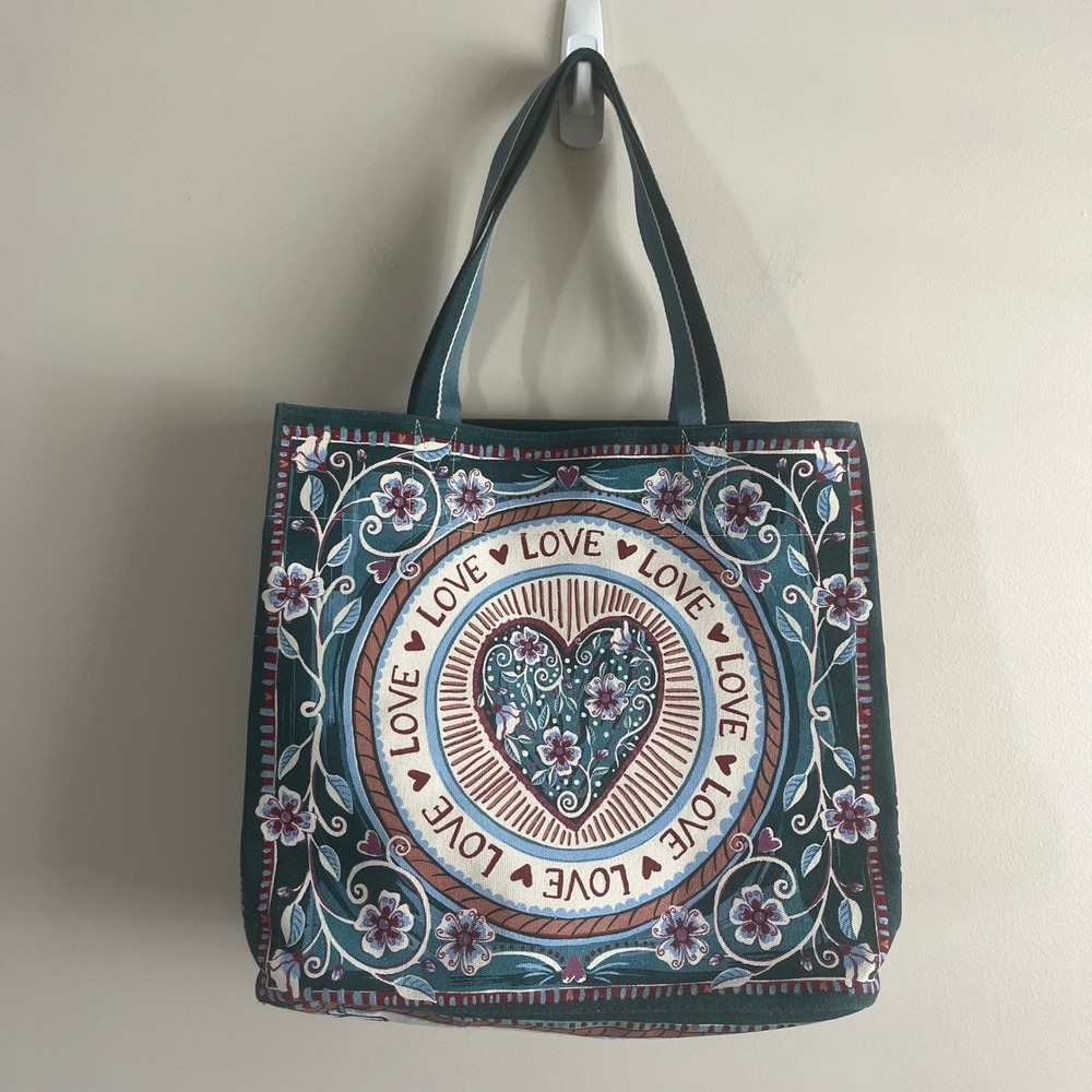Brighton Bella Tile Tote Love Is All You Need Teal Canvas Limited Edition